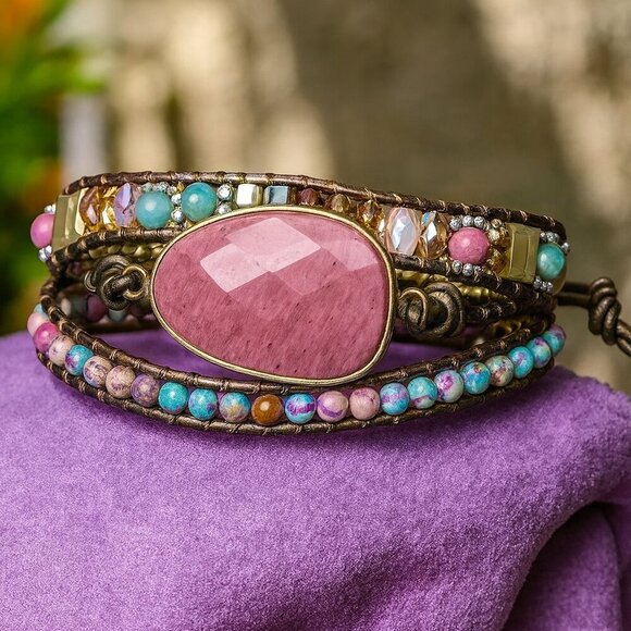 🆕️Elegant Triple Wrap Leather Bracelet Rhodonite Jasper Crystal Beads Jewelry - Picture 1 of 12